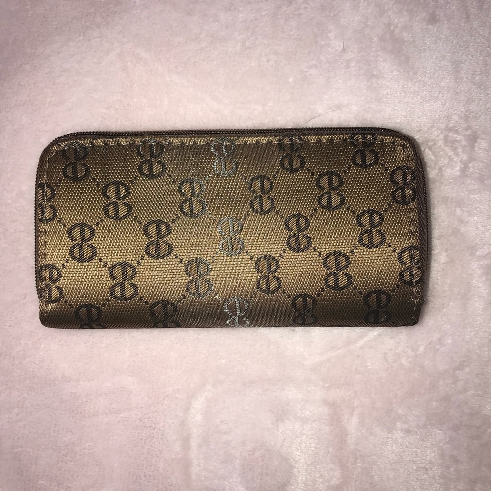 Ladies Brown Monogram Wallet divided 2 sides zippers Diamond pattern design logo - Picture 4 of 9